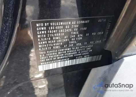 2014 Volkswagen Tiguan S из США, поврежденный, VIN WVGAV3AX2EW598630